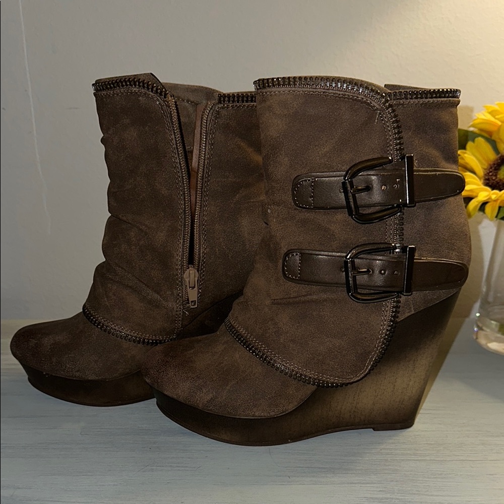Brown Suede Wedge Ankle Boots